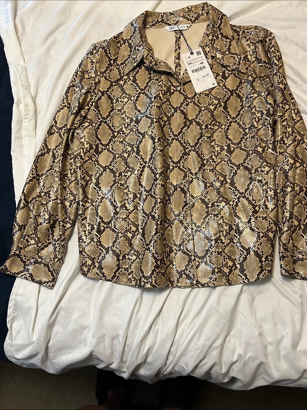 Zara Snake Print Button-Down Shirt in Beige and Brown